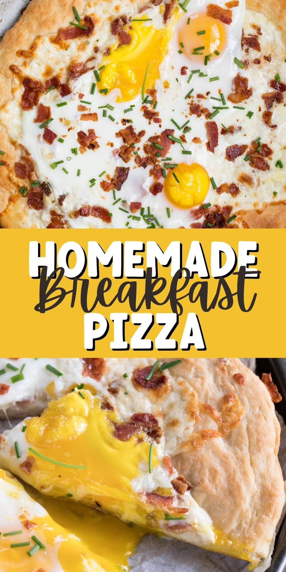 two photos of pizza with bacon and eggs on top and words on the image