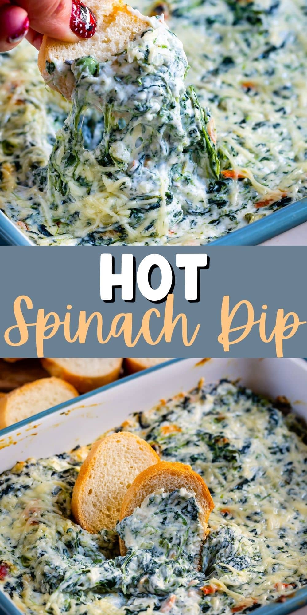 two photos of bread being dipped in the spinach dip by a hand with words in the middle