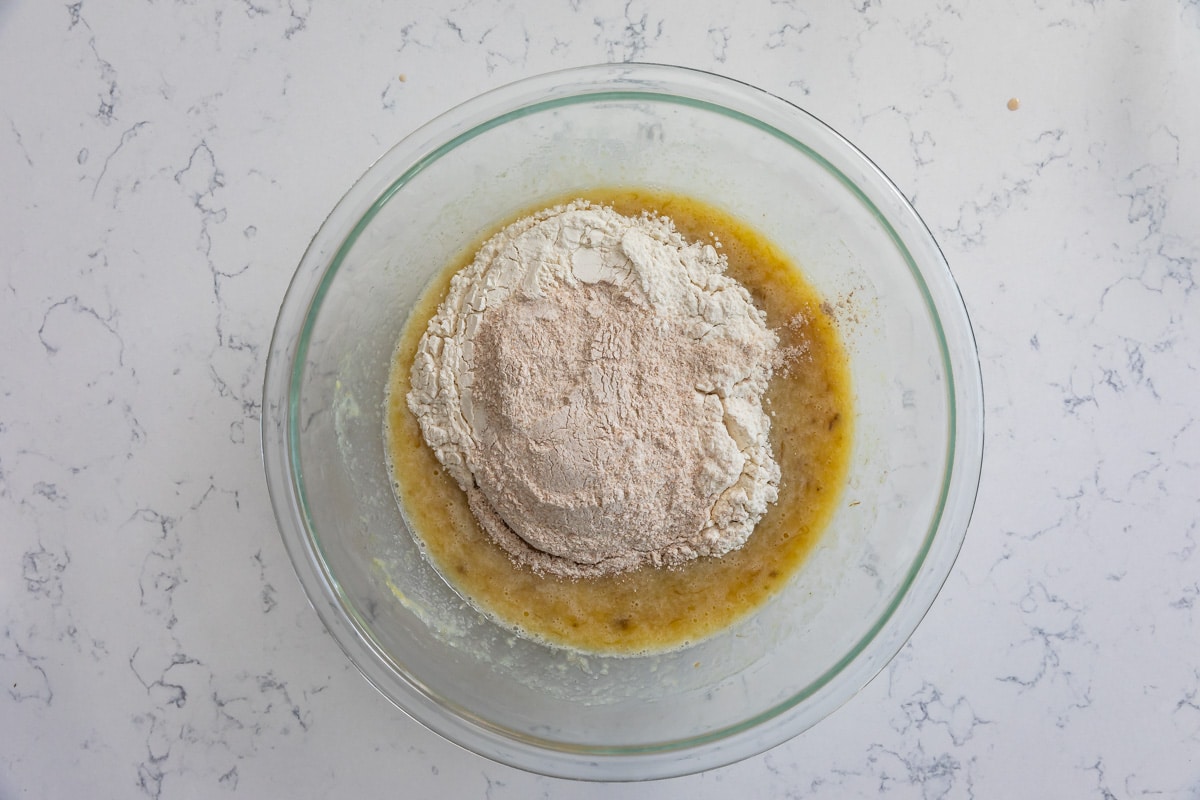 process shot of the making of healthy banana bread