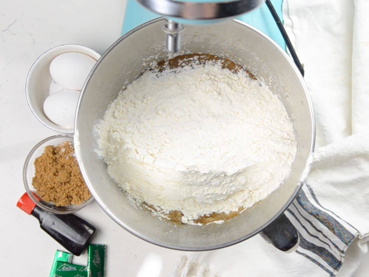 mixing bowl with batter and flour.