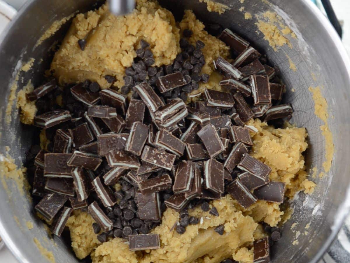 mixing bowl with batter and andes mints.