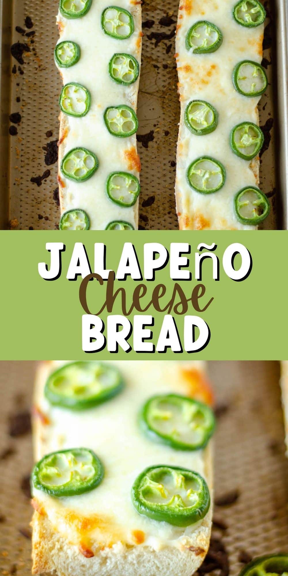 two photos of bread with jalapeños on top on a cooking sheet with words in the middle