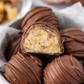 maple walnut truffles covered in chocolate in a white bowl