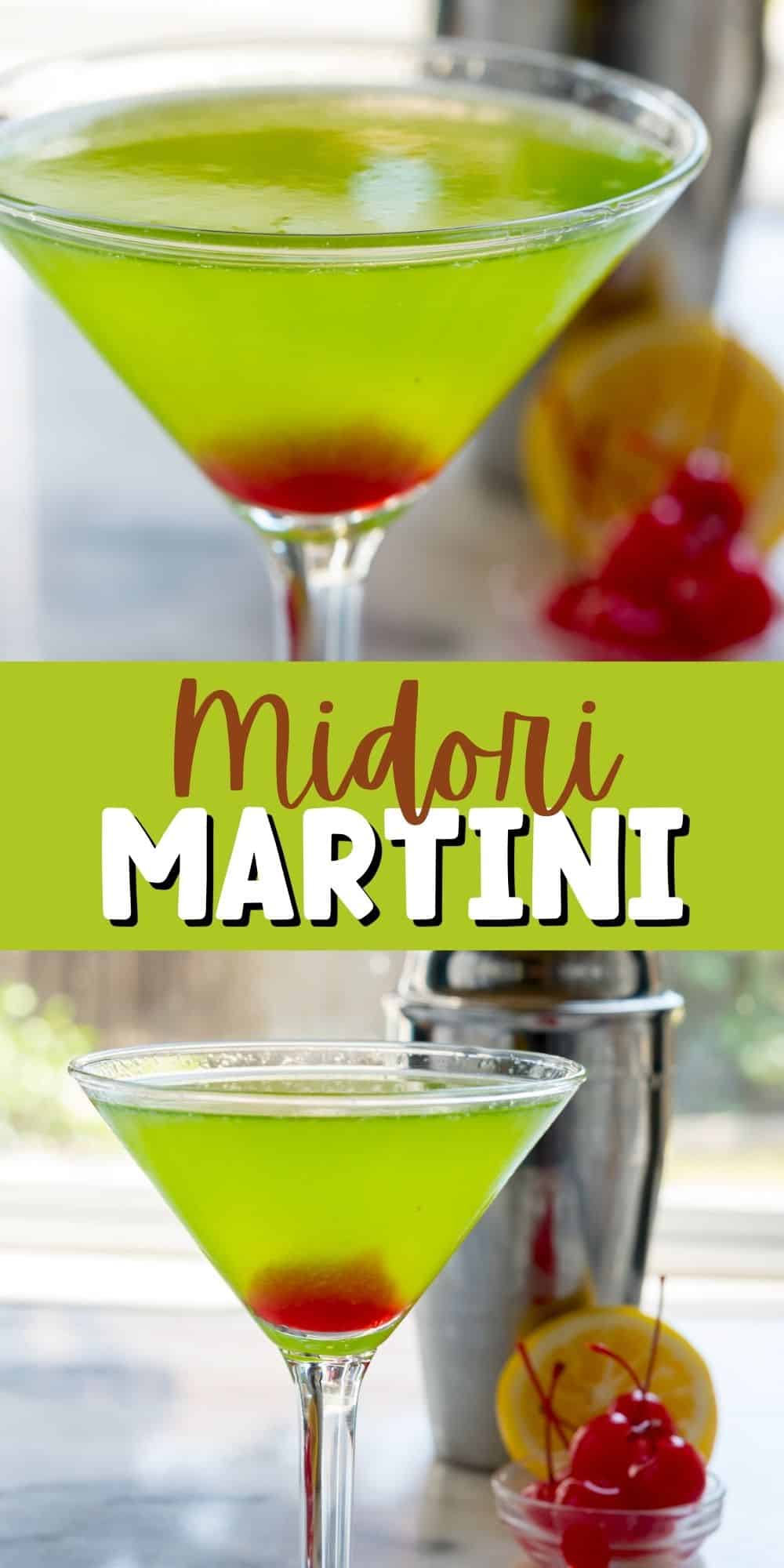 two photos green martini with red at the bottom in a clear glass and words in the middle