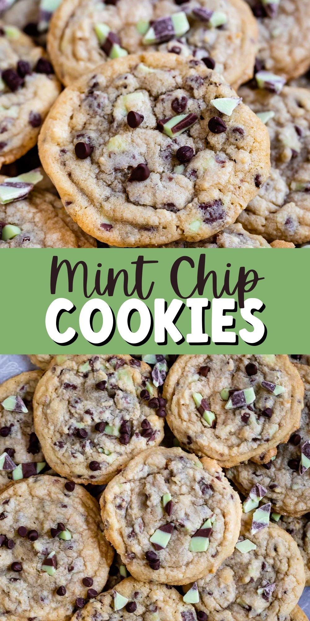 two photos of chocolate chip cookies with mint chips bakes in