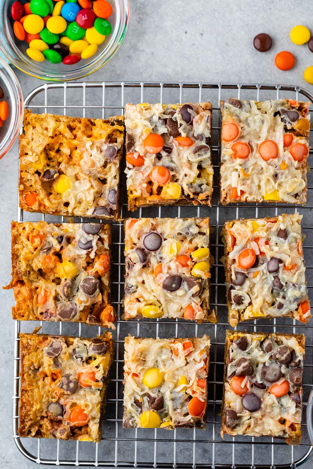 stacked bars with chocolate chips baked in on a drying rack