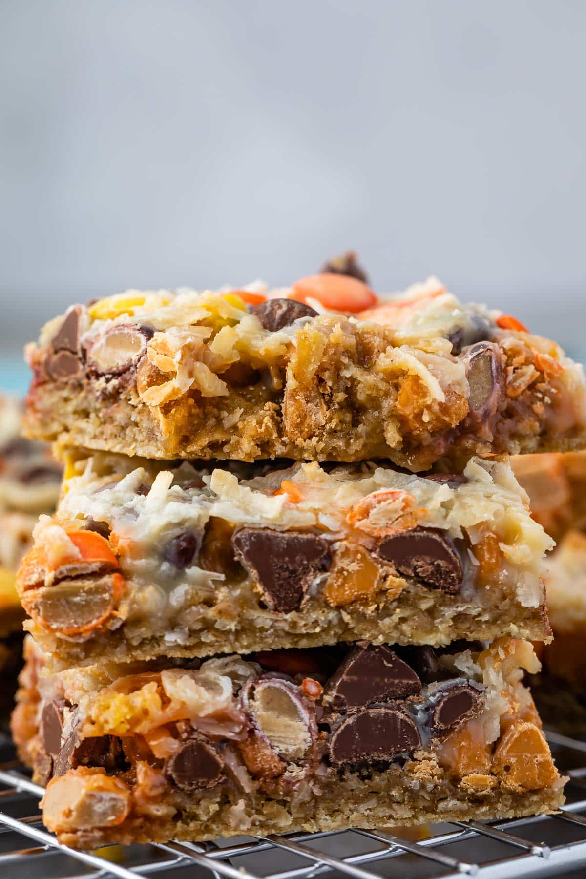 stacked bars with chocolate chips baked in on a drying rack