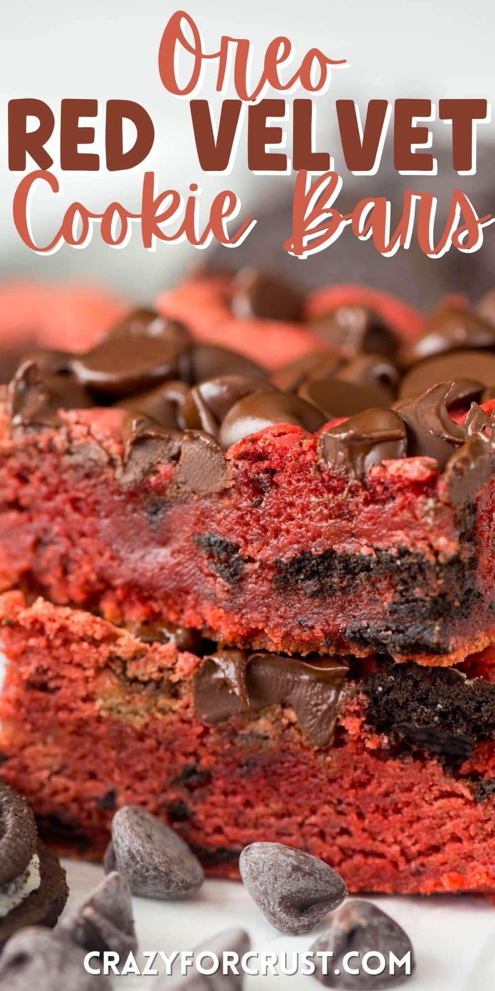 stacked red velvet bars with chocolate chips baked in with words on top