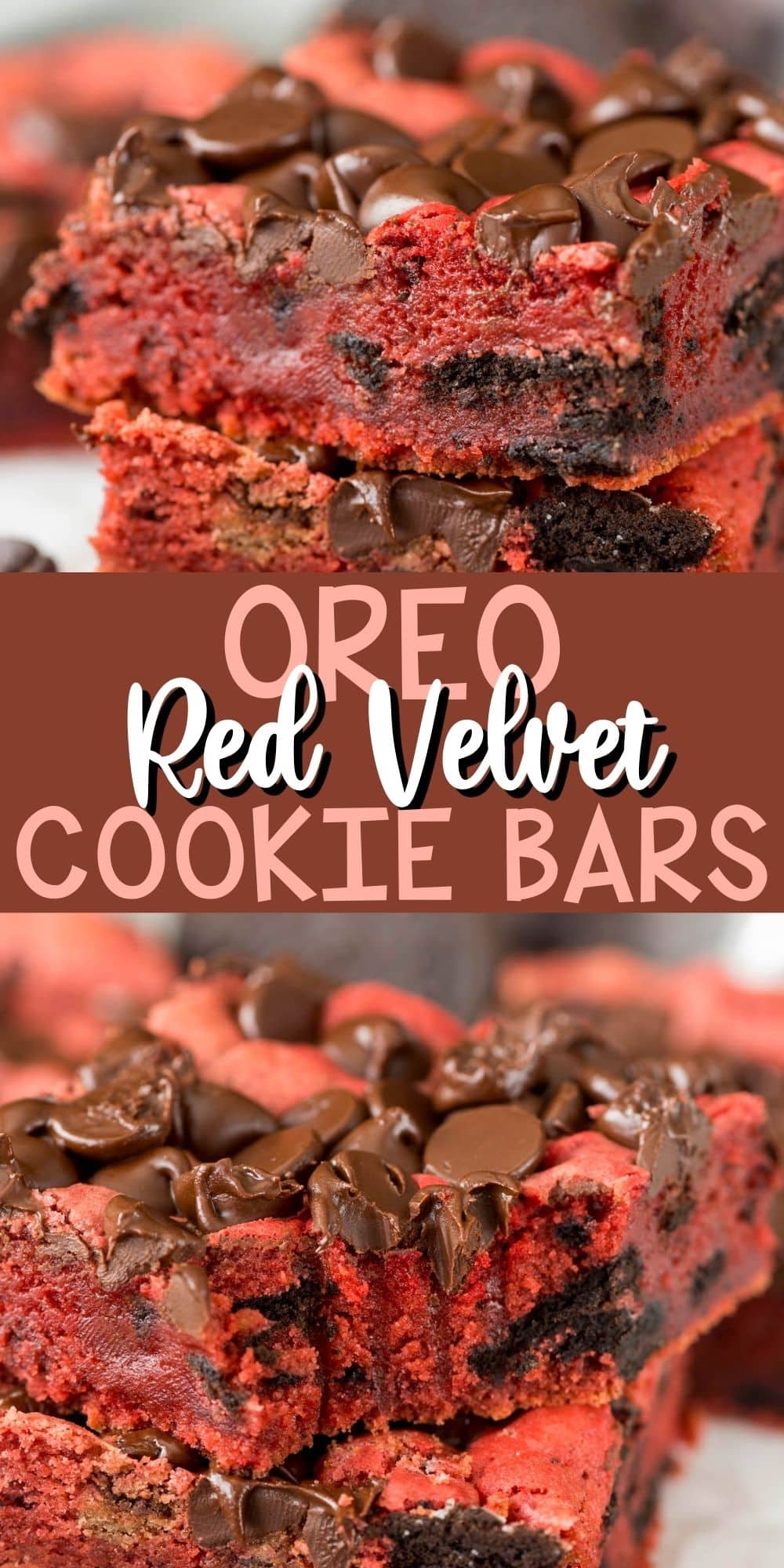 two photos of stacked red velvet bars with chocolate chips baked in with words in the middle