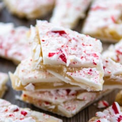peppermint bark laid out on a brown wooden board