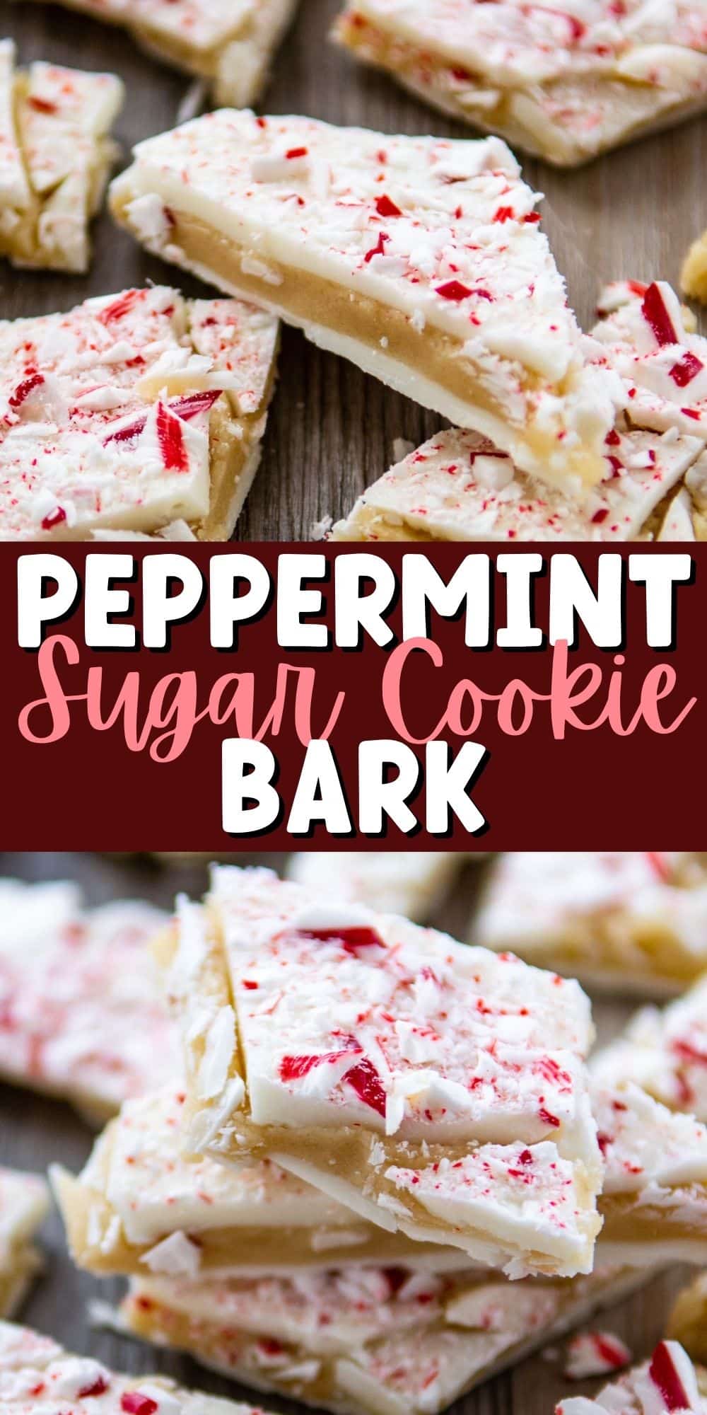 two photos of peppermint bark laid out on a brown wooden board with words in the middle