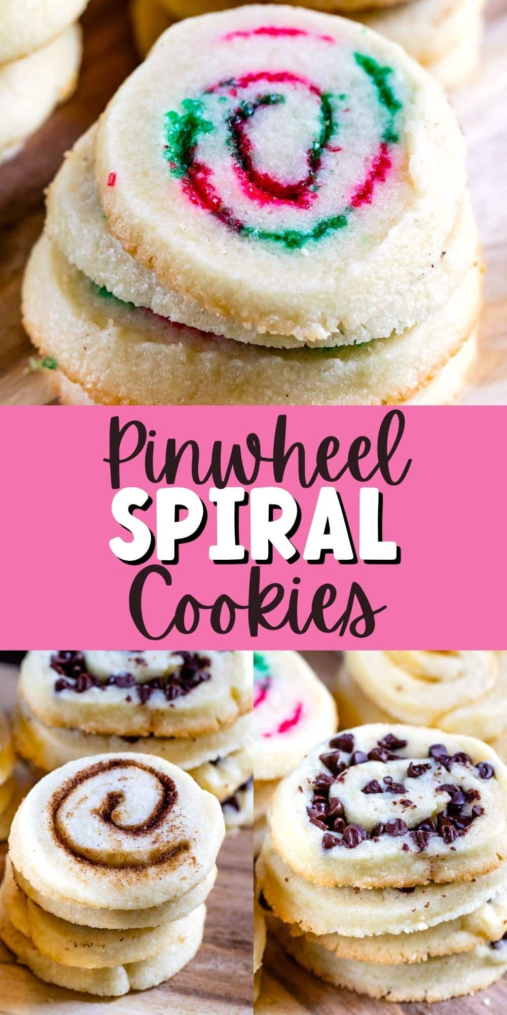two photos of all types of swirl cookies