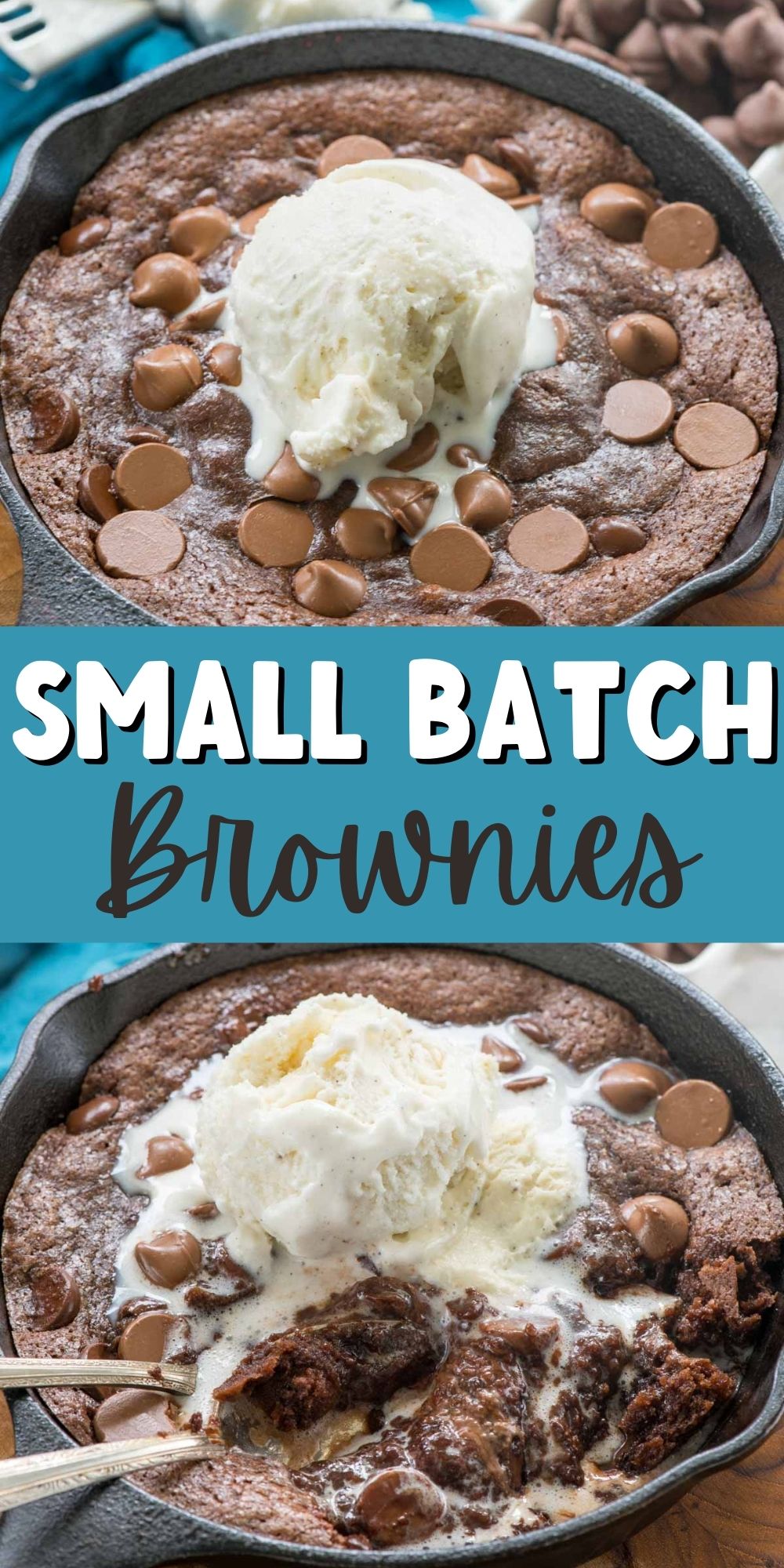 two photos of chocolate brownie in a black skillet with ice cream on top