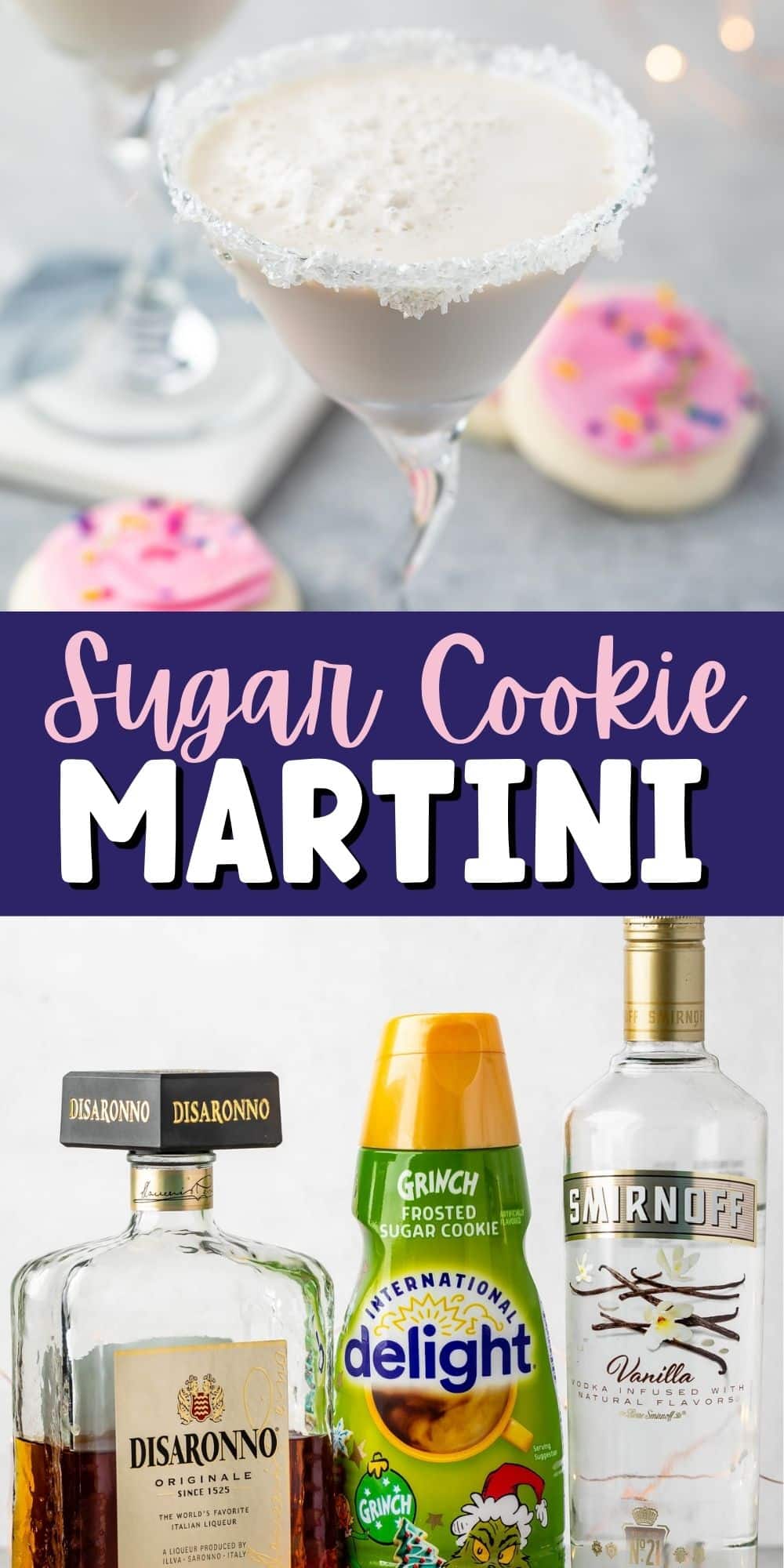 two photos with one being a white drink in a a martini glass with sugar cookies around the base of the glass and alcohol in the drink on the bottom