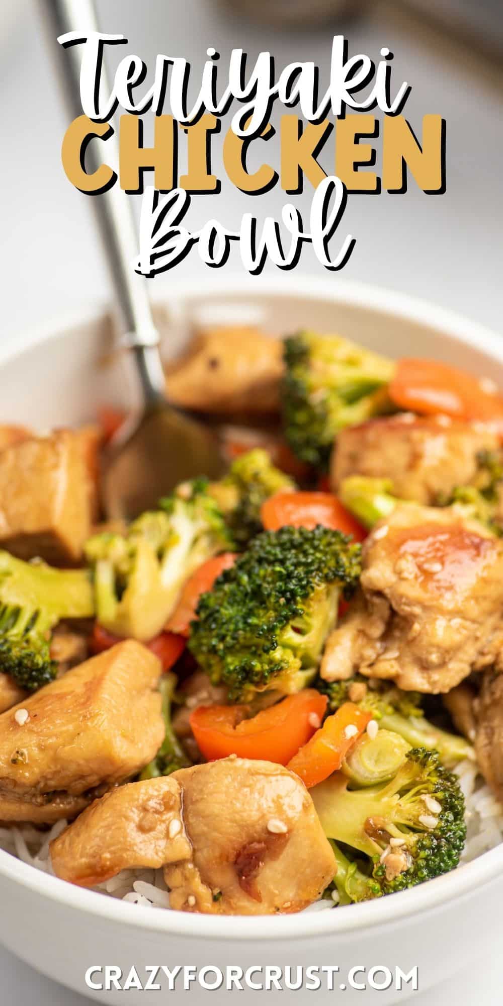 chicken broccoli and carrots in a white bowl with words on top