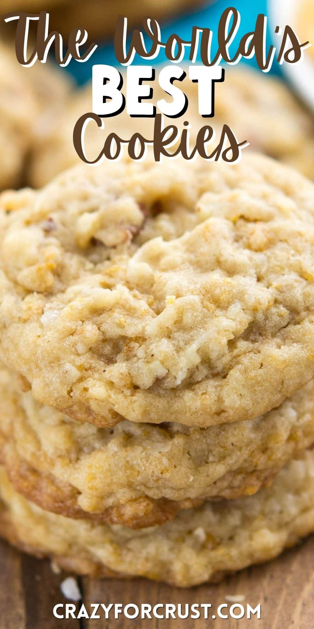 cookies stacked on a brown wood board with words on top