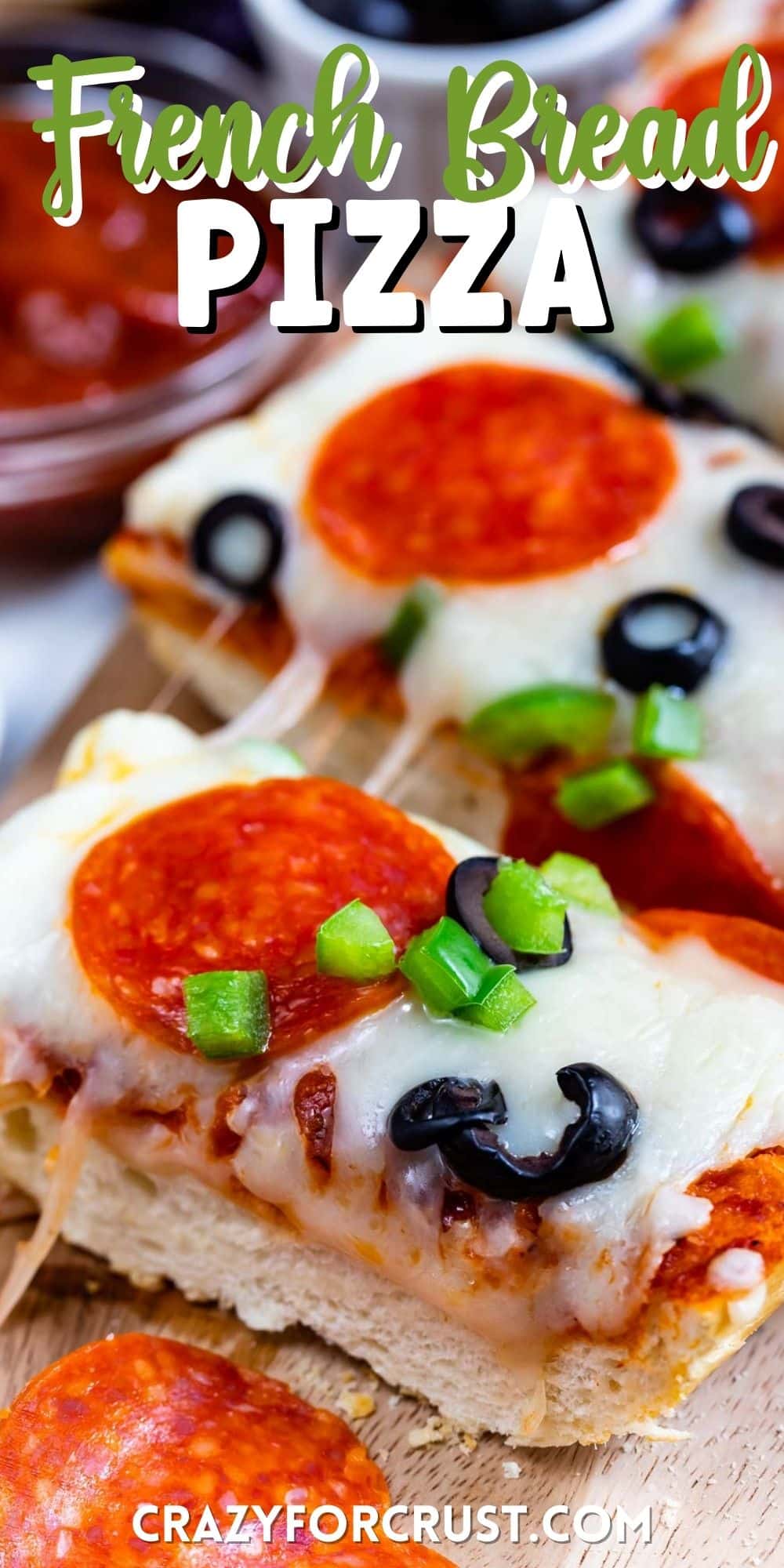 sliced pizza with pepperoni and olives on top and words on the image