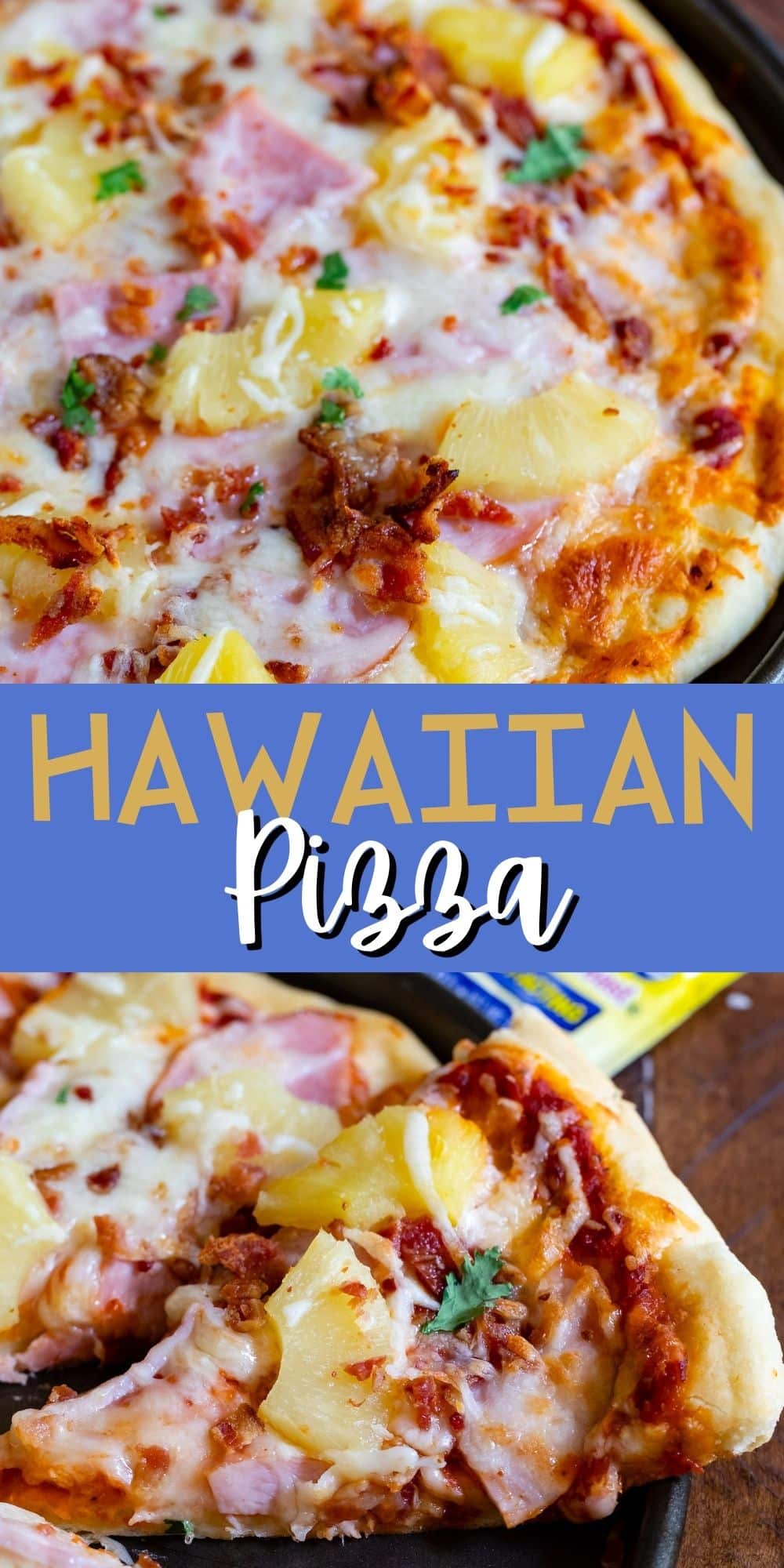 two photos of hawaiian pizza with ham and pineapple on top in a black pan