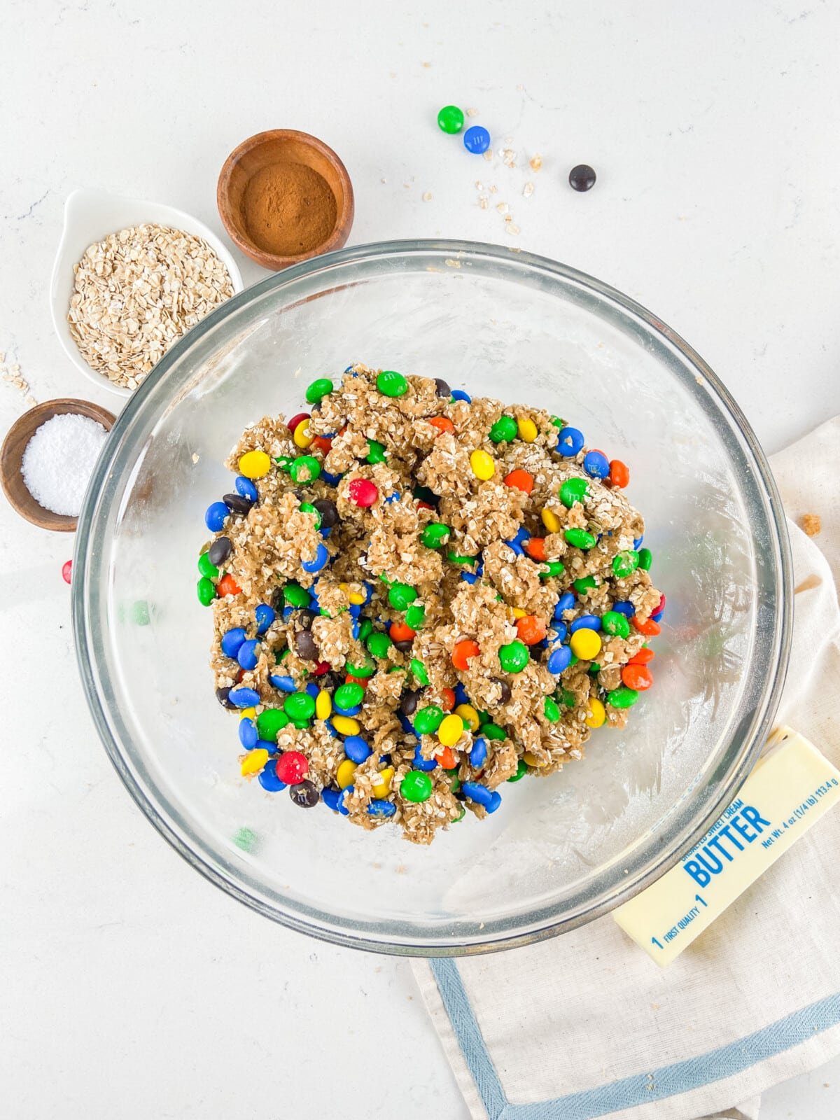 cookie dough with M&Ms in bowl.