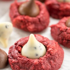 red velvet cookie with chocolate kiss inside