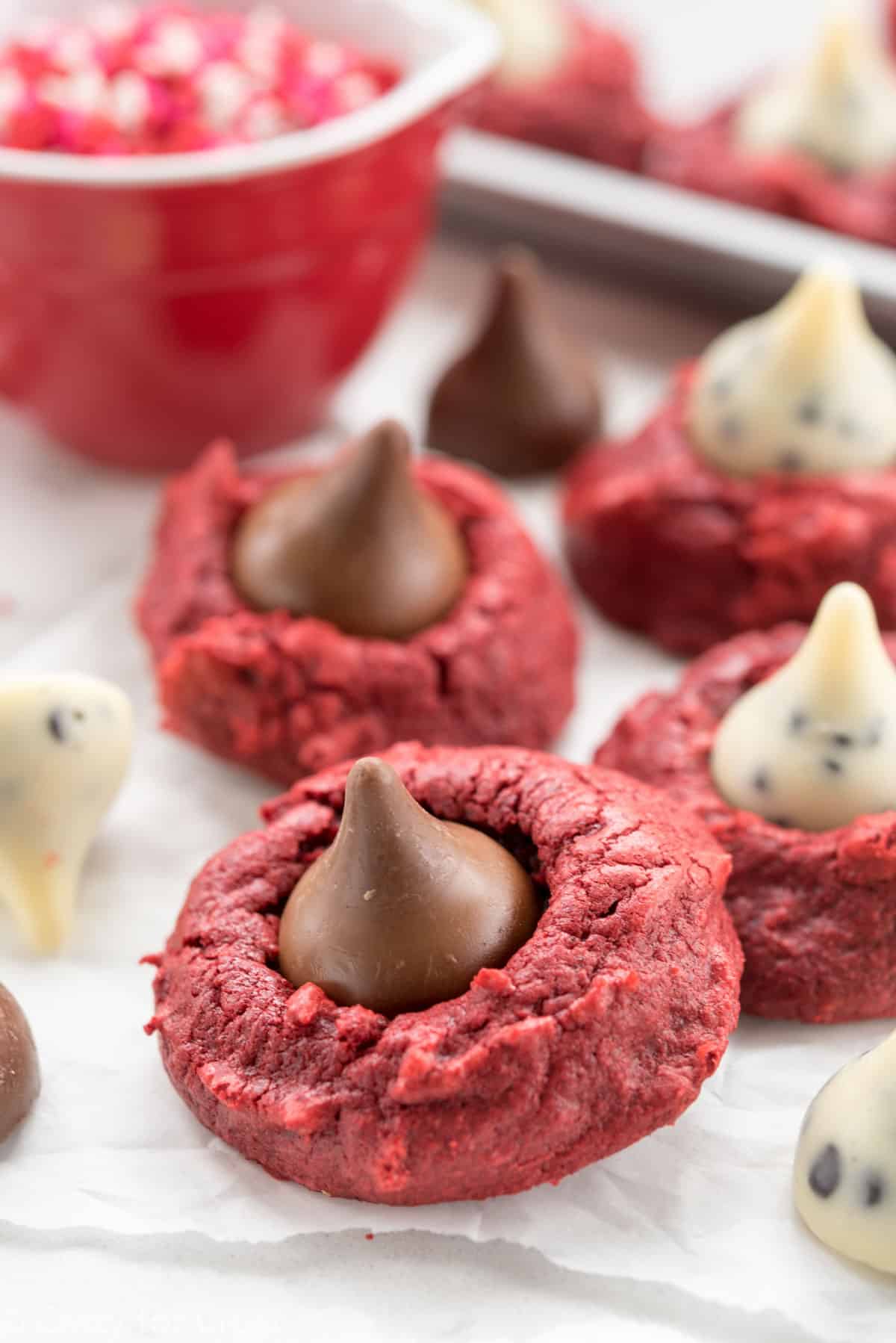 red velvet cookie with chocolate kiss inside