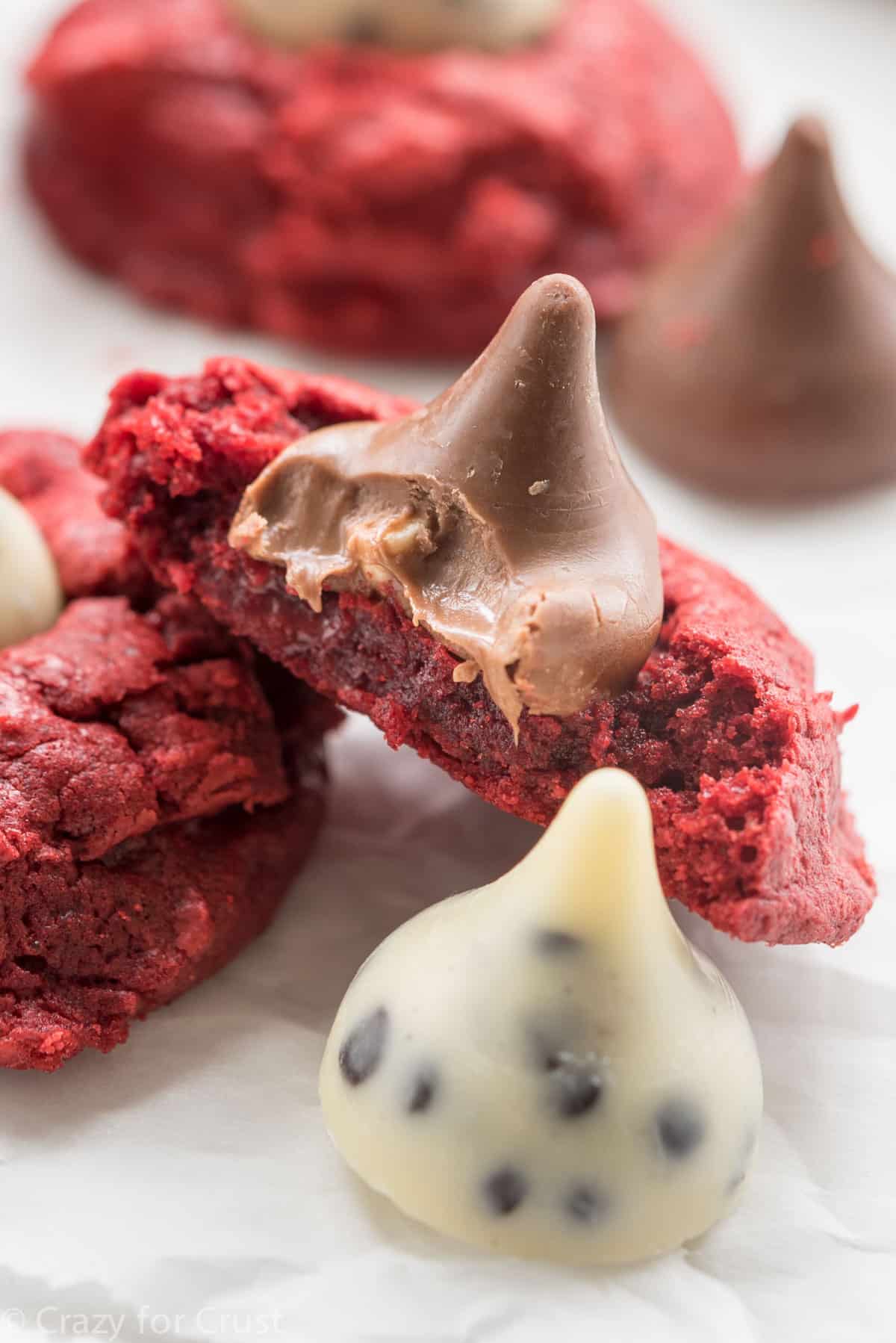 red velvet cookie with chocolate kiss inside