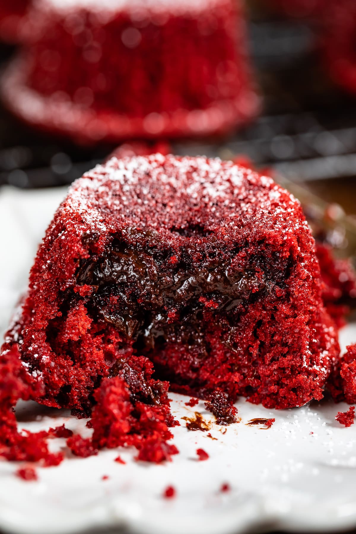upside down red velvet cupcake with chocolate filling