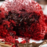 upside down red velvet cupcake with chocolate filling