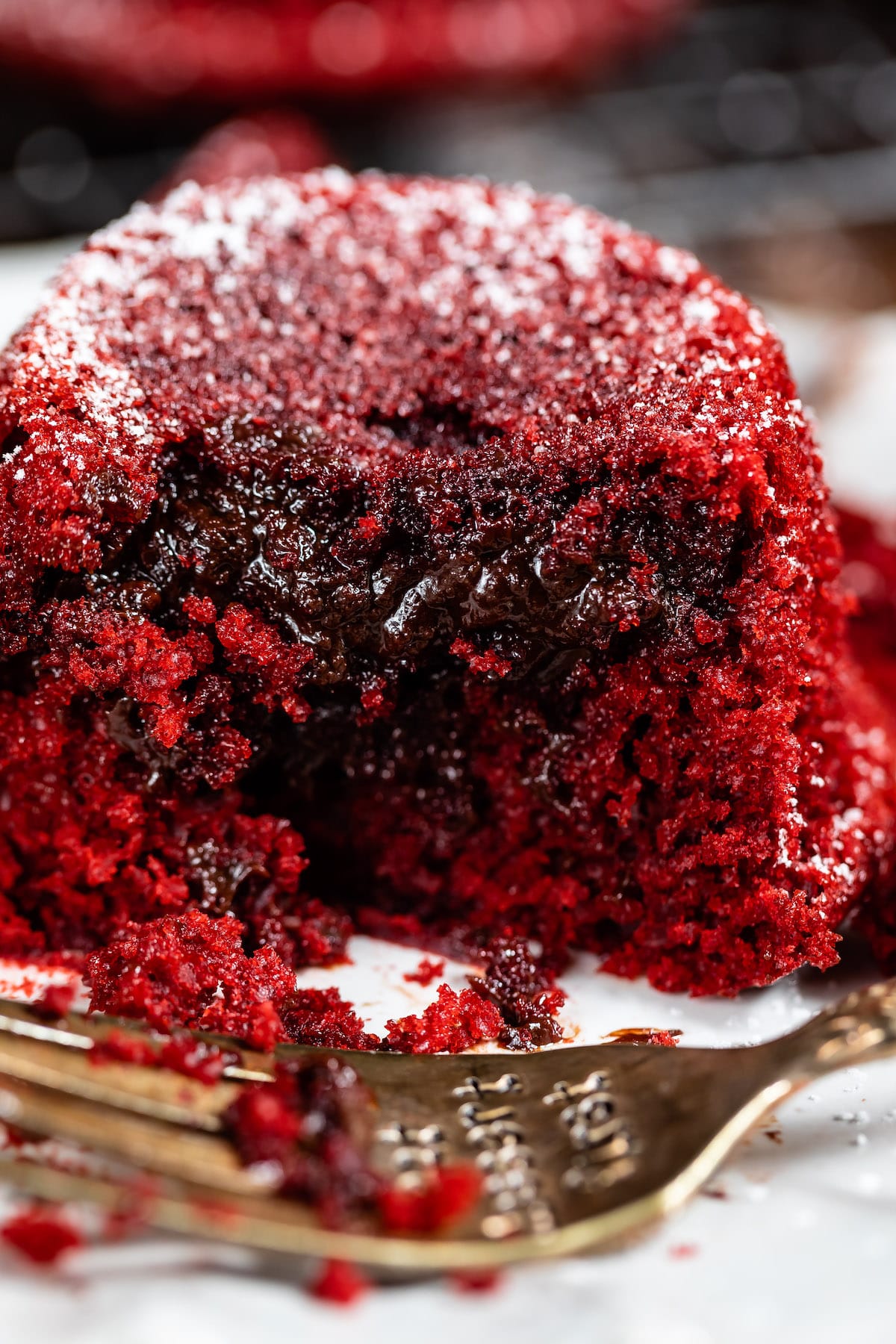 upside down red velvet cupcake with chocolate filling