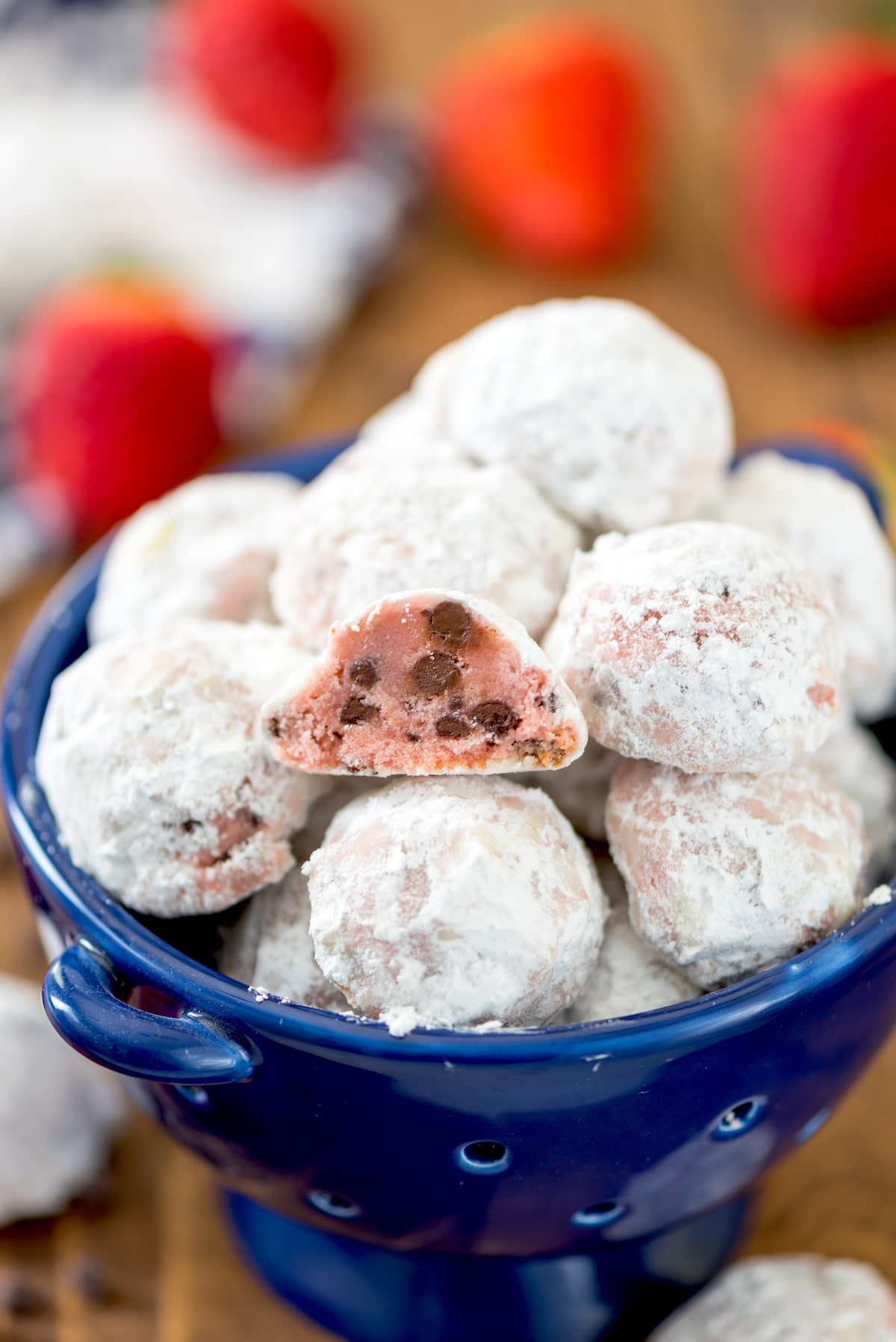 strawberry snowballs cut in half with chocolate chips baked in.