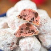 strawberry snowballs cut in half with chocolate chips baked in.