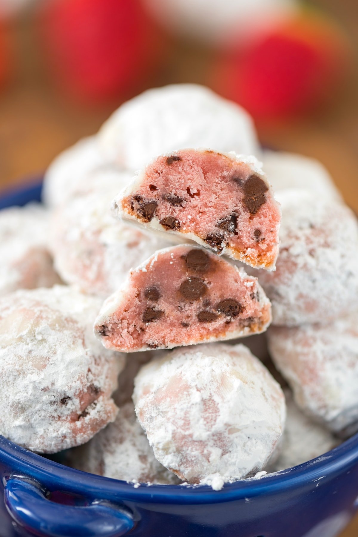 strawberry snowballs cut in half with chocolate chips baked in.