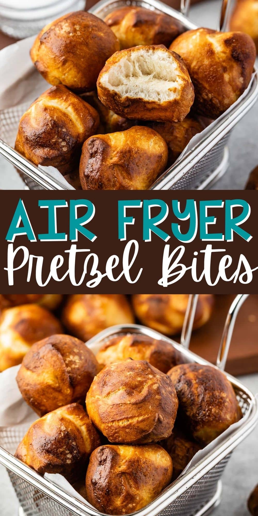 two photos of pretzel bites in a metal sifter with words on the image