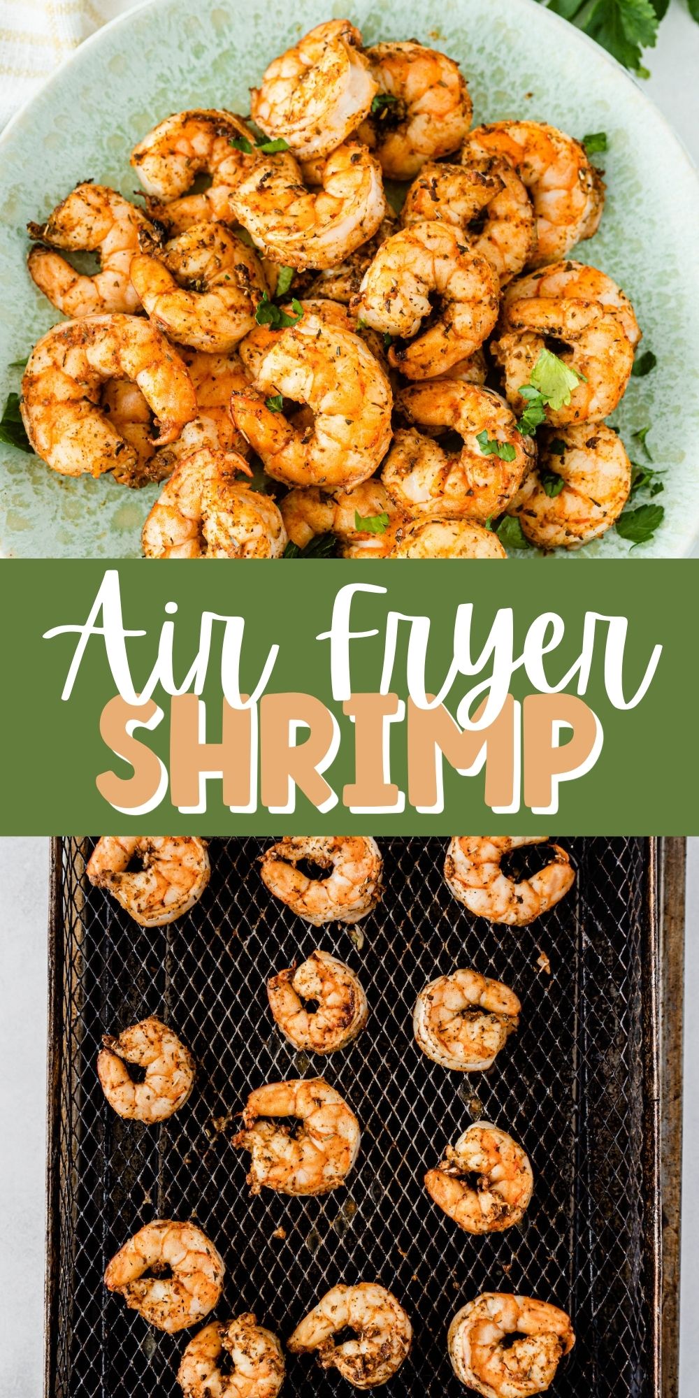 two photos of shrimp in a blue bowl with words on the image