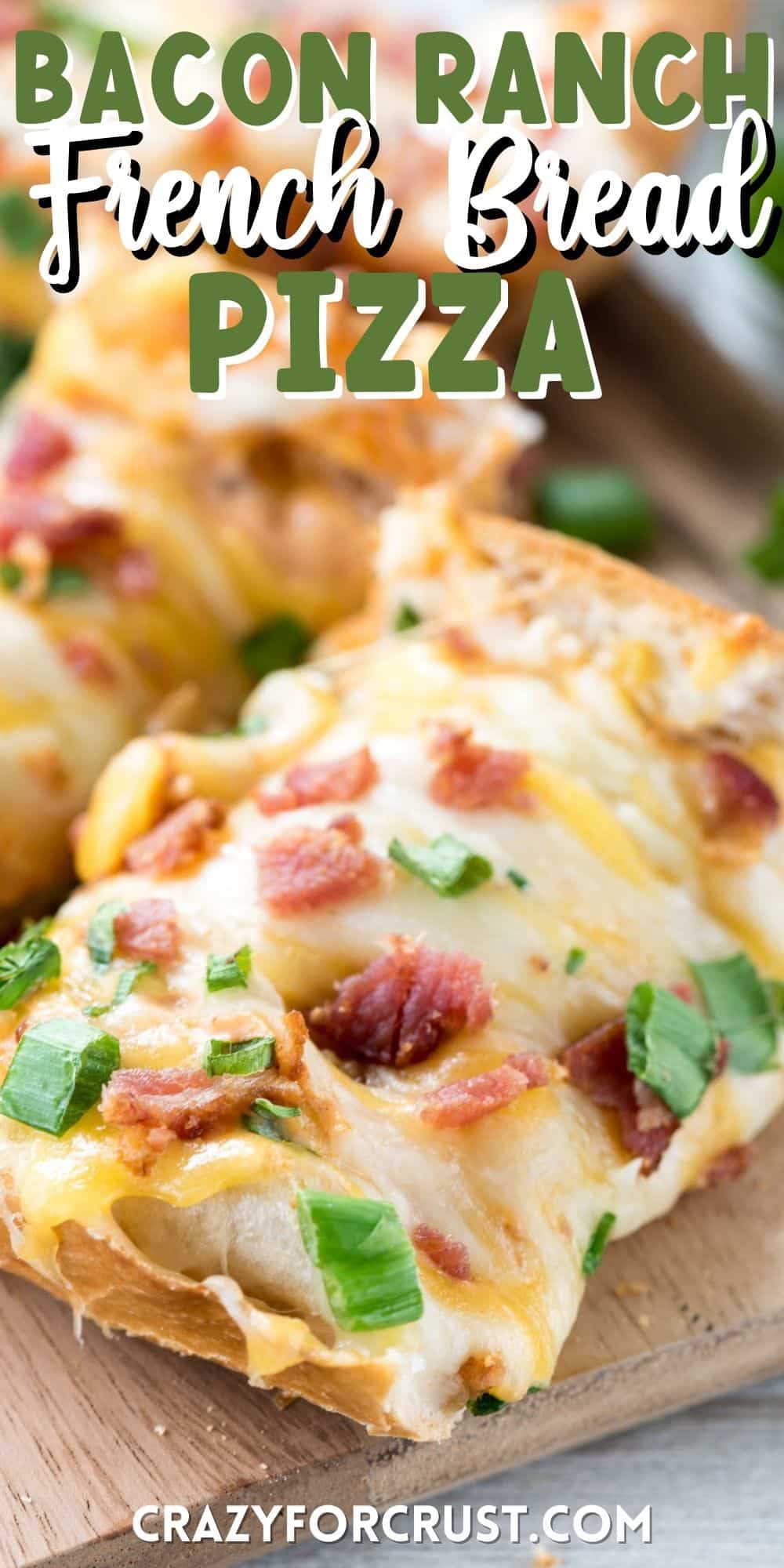 pizza with cheese and bacon on top and words on the image