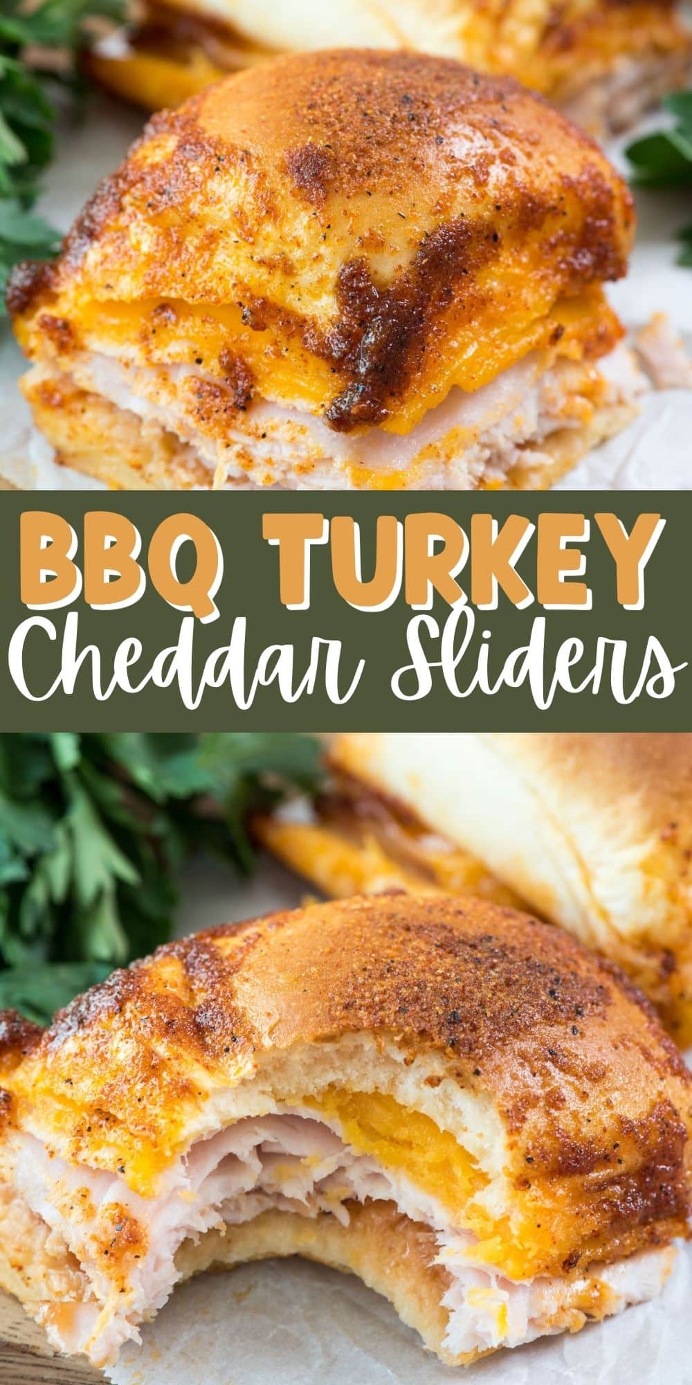 two photos of slider with cheese and turkey inside with words on top