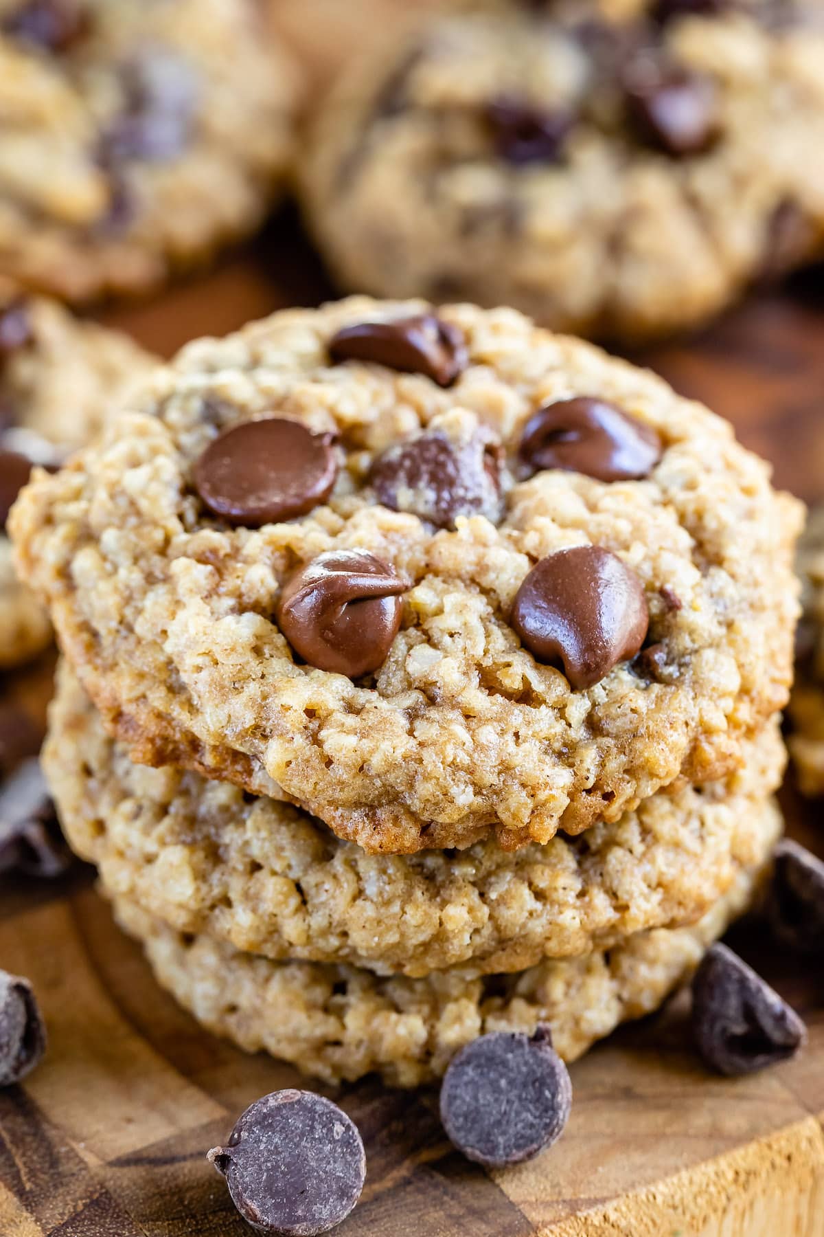 stacked oatmeal cookies with candy mixed in