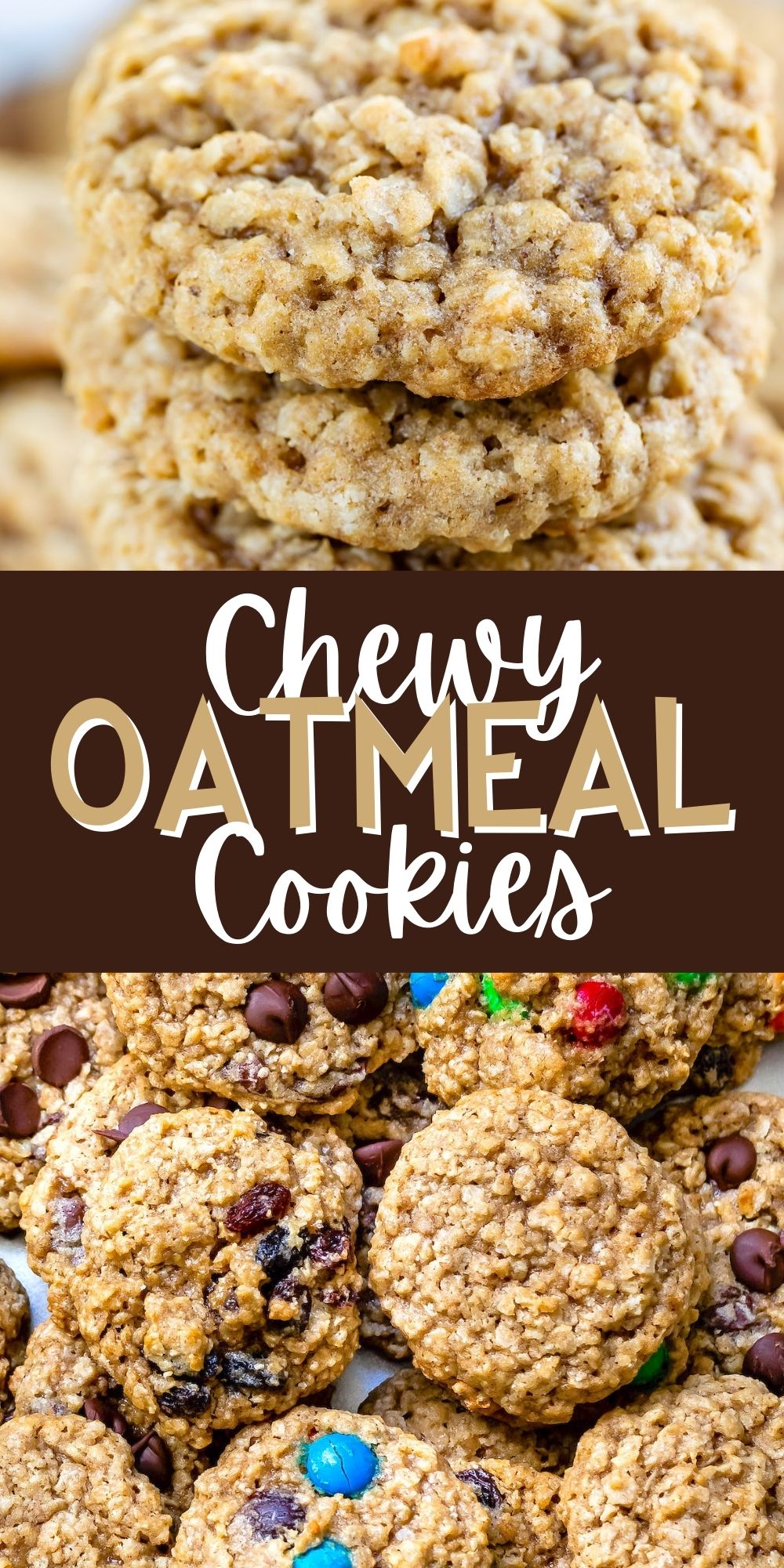 two images of stacked oatmeal cookies with words on the image