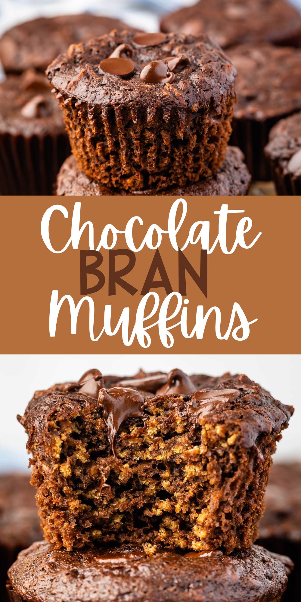 two photos of chocolate muffins with chocolate chips baked in with words on the photo