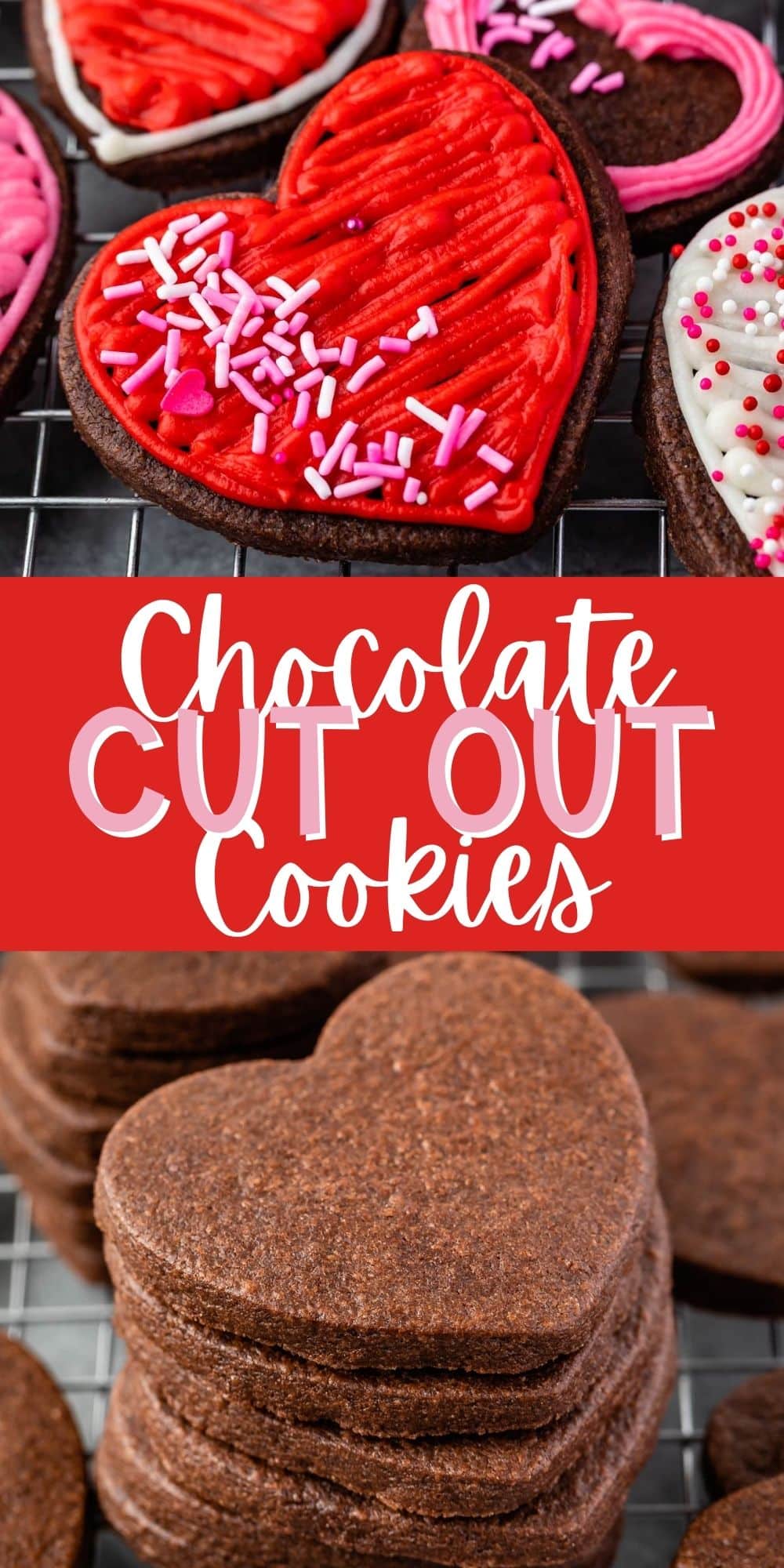two photos of valentines day themed heart shaped chocolate cookies with words on the image