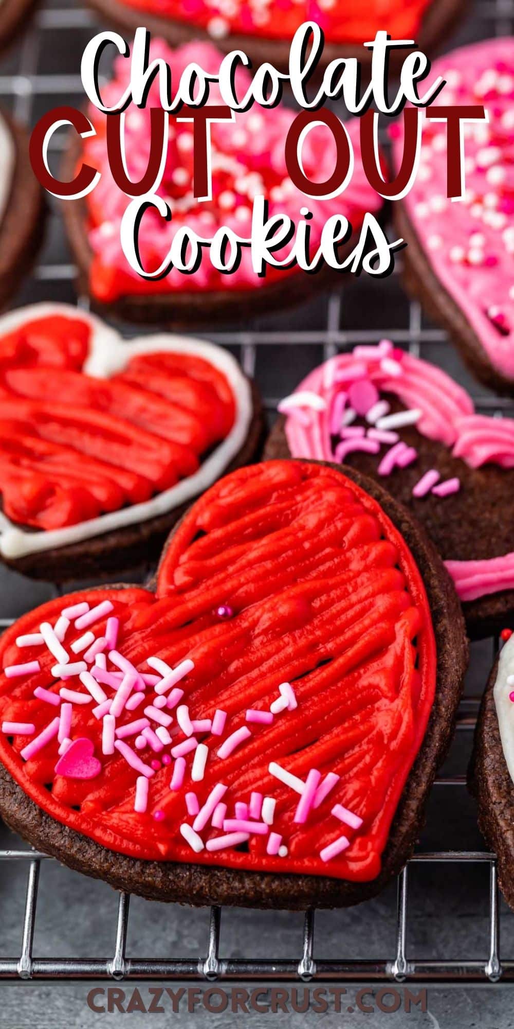 valentines day themed heart shaped chocolate cookies with words on the image