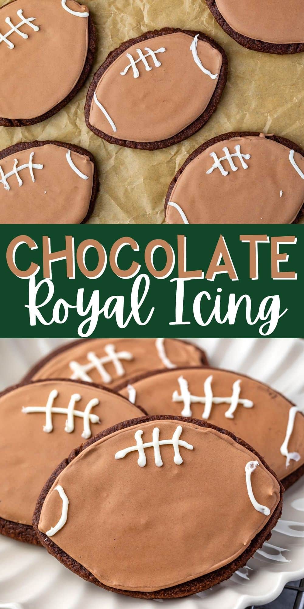 two photos of football shaped cookies with football themed chocolate icing with words on the image