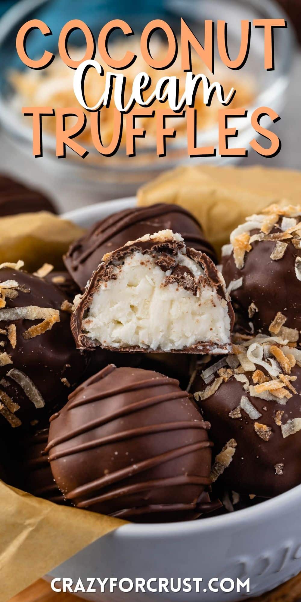 truffles covered in chocolate in a white bowl with words on the photo.