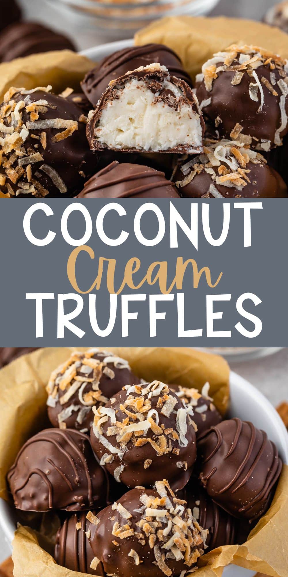 two photos of truffles covered in chocolate in a white bowl with words on the photo.