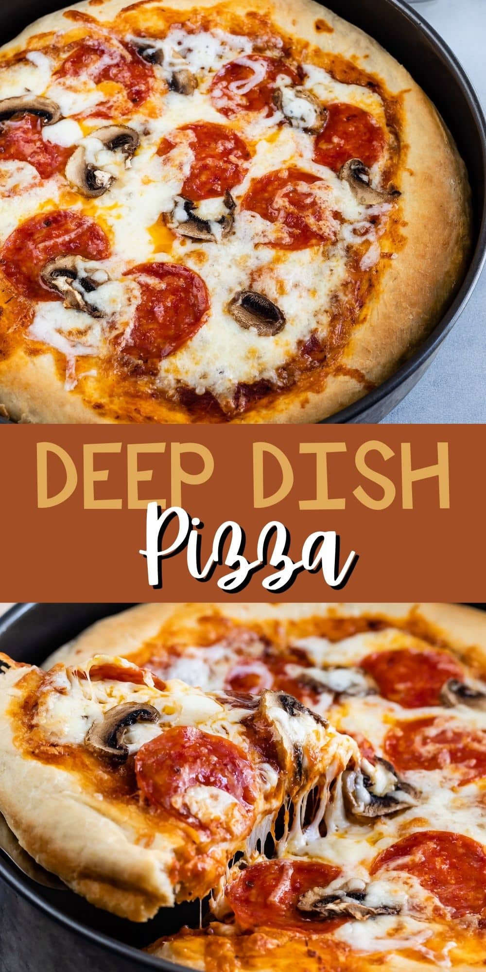 two photos of deep dish pizza in a black pan with pepperoni on top