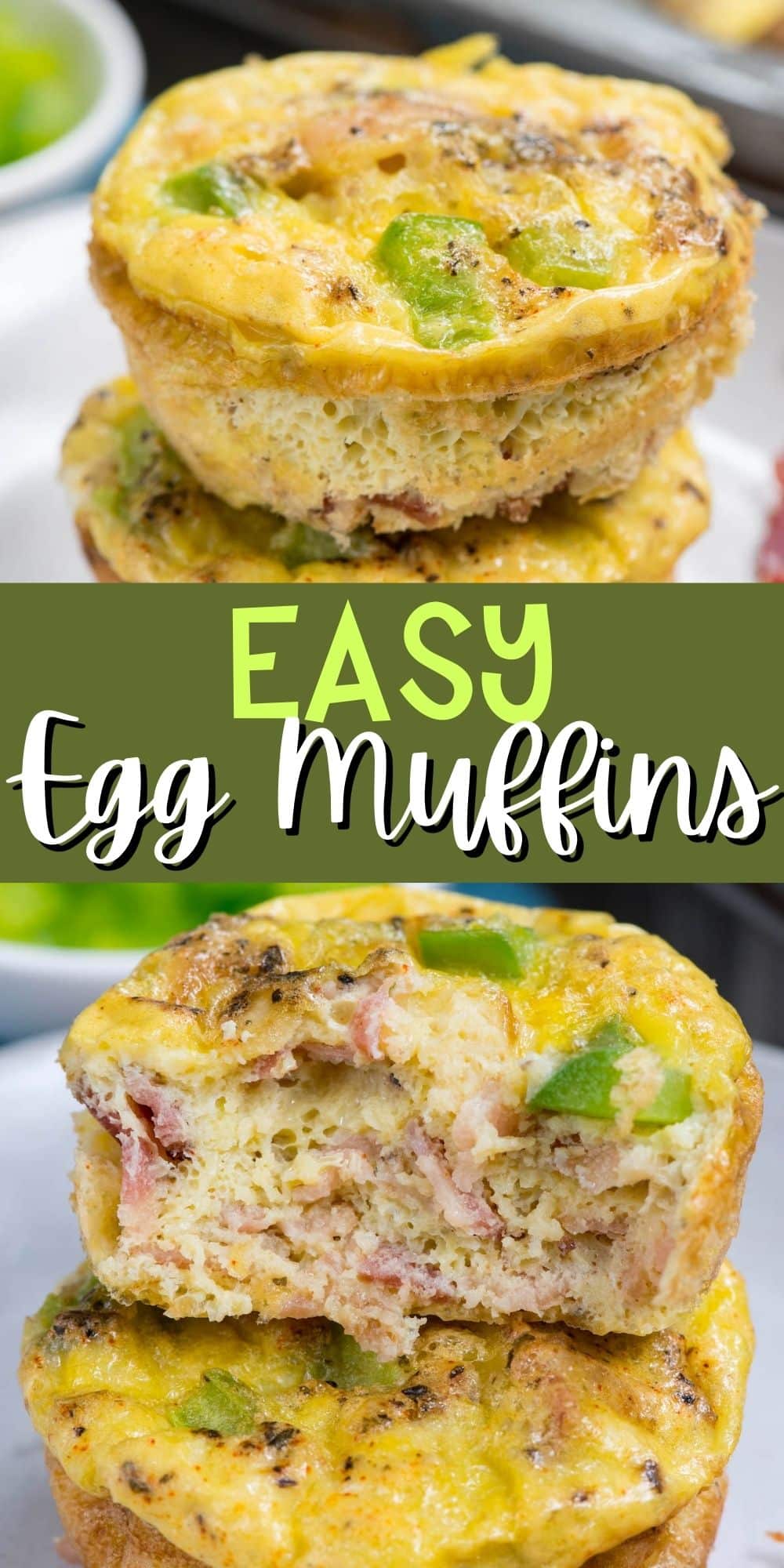 two photos of stacked egg bites with bacon and greens baked in