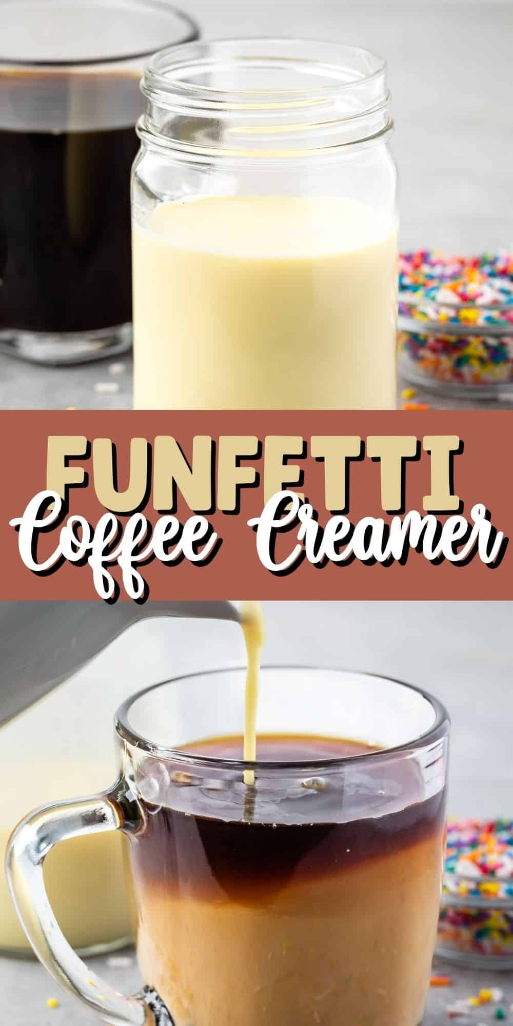 two photos of the coffee and the creamer with words on the images