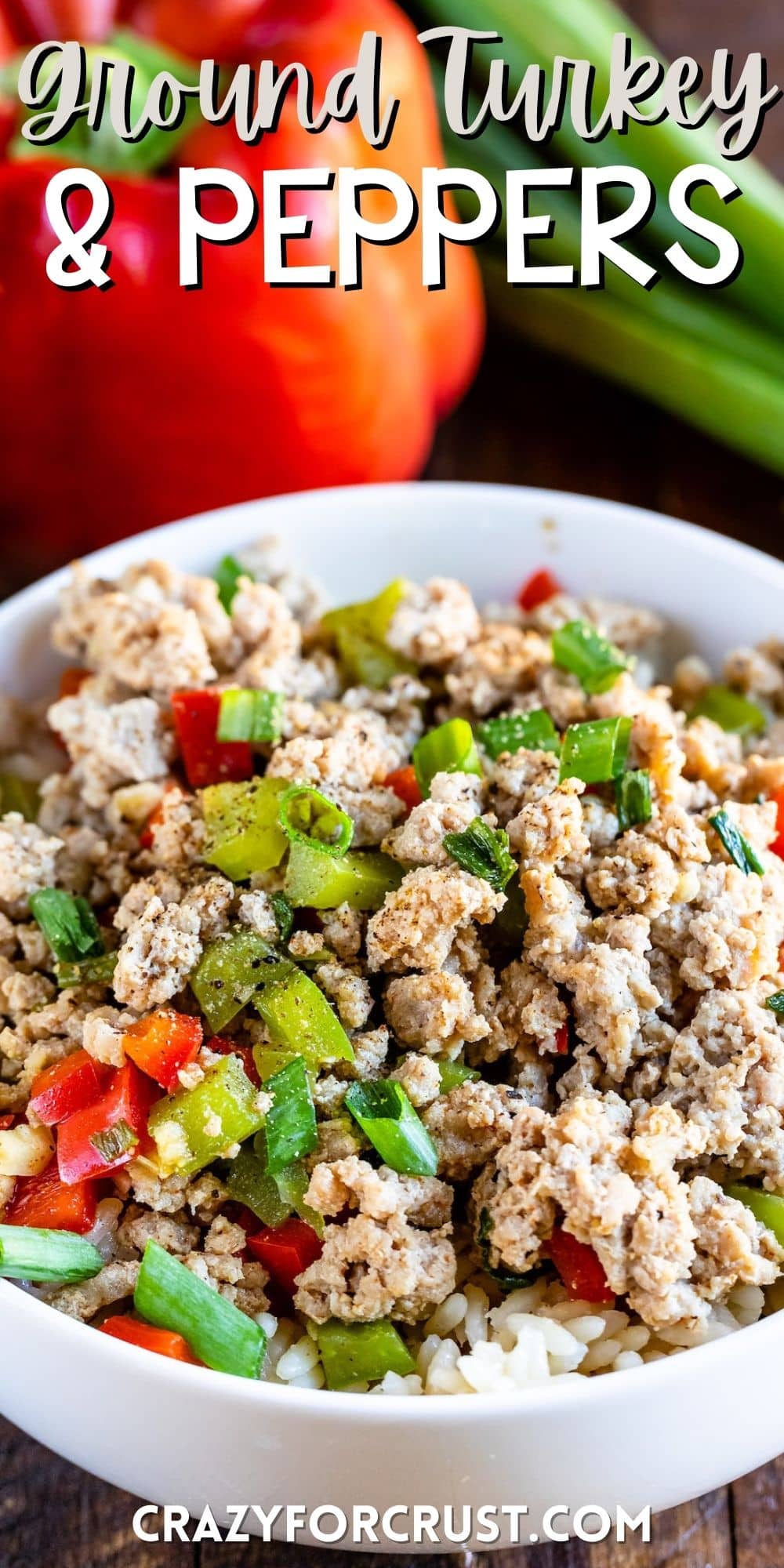 turkey and peppers mixed in a white bowl with words on the image