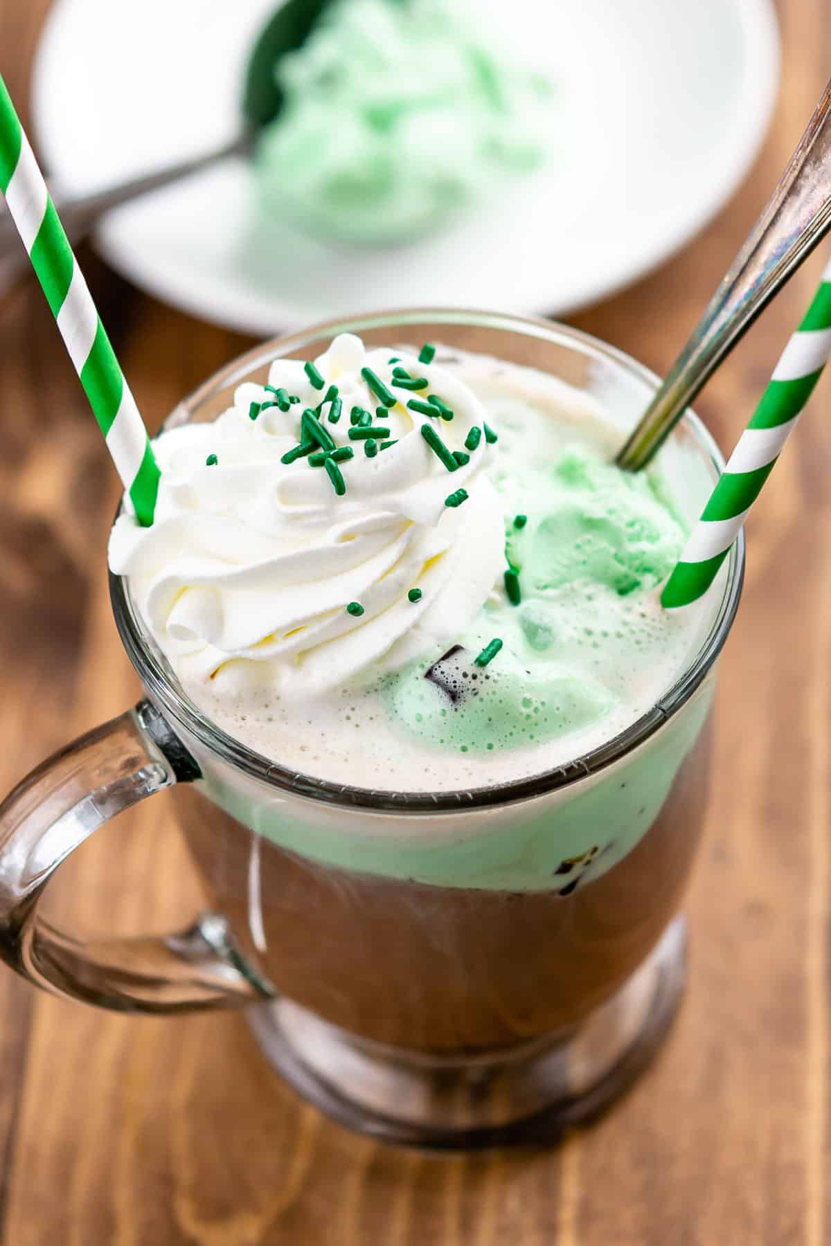 hot chocolate and mint ice cream on a clear jar.