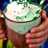 hot chocolate and mint ice cream on a clear jar.